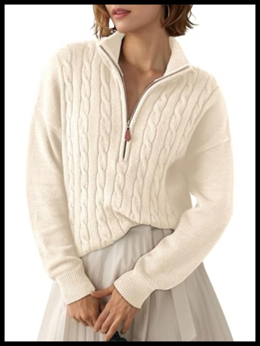 Women's Quarter Zip Ribbed Cable Knit Pullover Sweater V-Neck Relaxed Fit